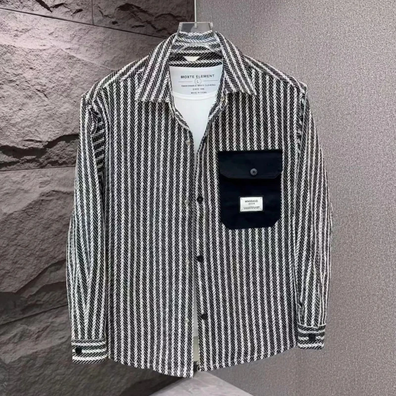 

High Street Pocket Plus Size Рубашка Топы Весенне-осенний тренд с длинным рукавом и воротником-поло Свободная корейская блузка Модная повседневная мужская одежда