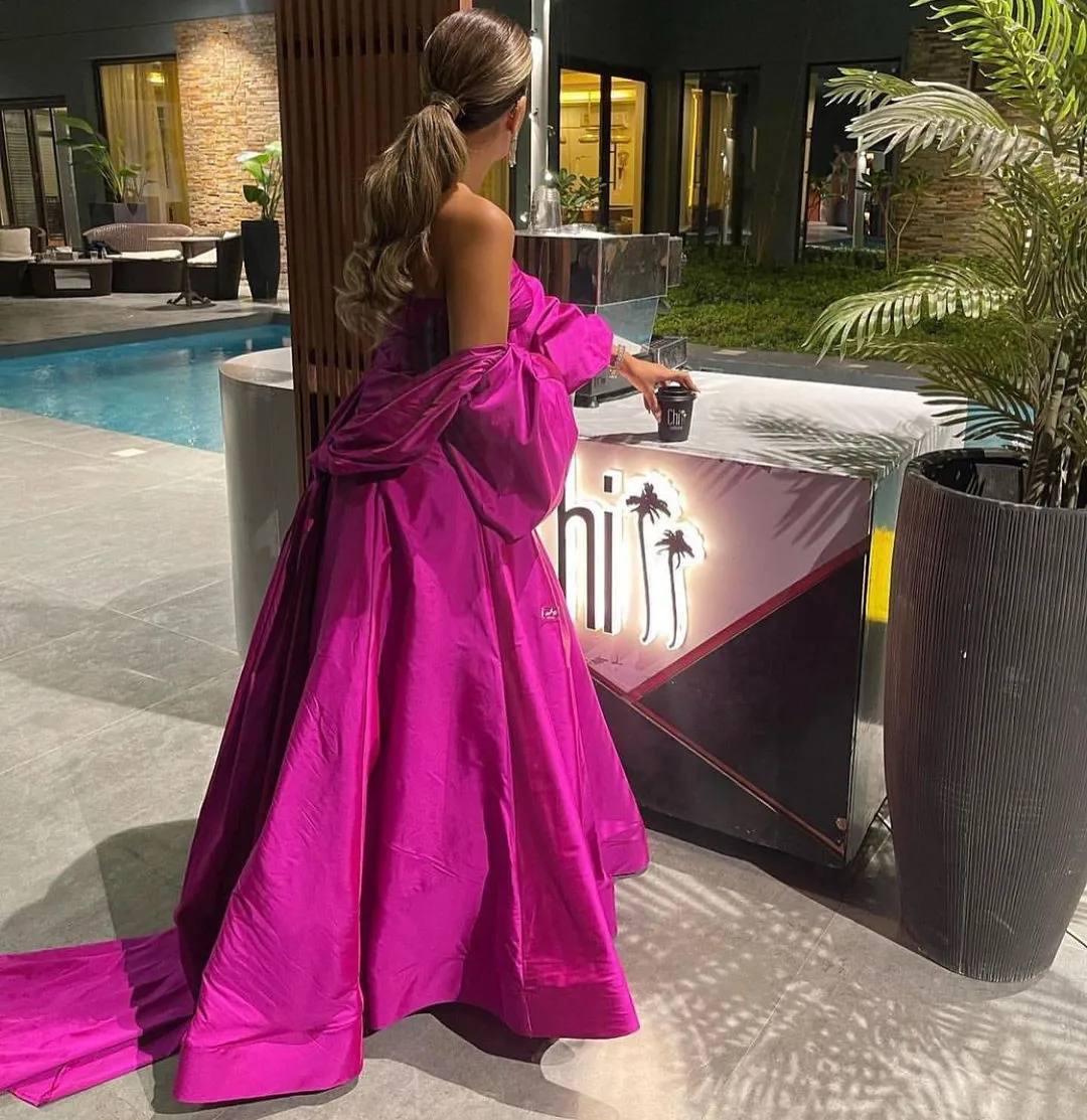 Fuschia A Line Prom Dresses for Women New Style Strapless Sexy Back Evening Party Gowns with Long Sleeves Wraps Vestidos