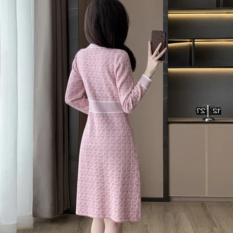 #0910 Winter Vintage Pink Sweater Dress Women Buttons High Waist Stretch Office Knitted Pullover Dress Femme Long Sleeve Elegant