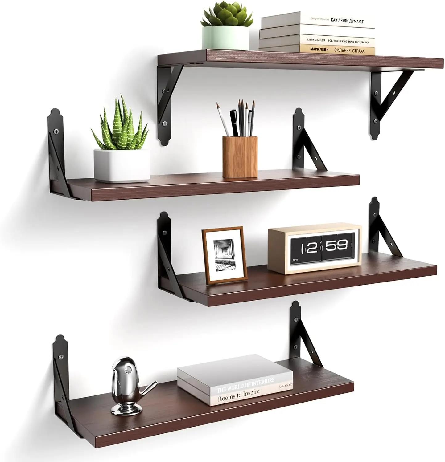 

Wood Floating Shelves Set of 4, Rustic Storage Decor Wall Shelves, Wall Mounted Shelf for Living Room, Bedroom 17" x 6"