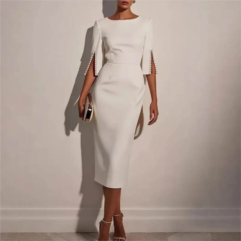 

Office Ladies Elegant Midi Dress Summer New Solid O-neck Commuting Split Sleeve Beads Slim Prom Dresses For Women Party Vestidos