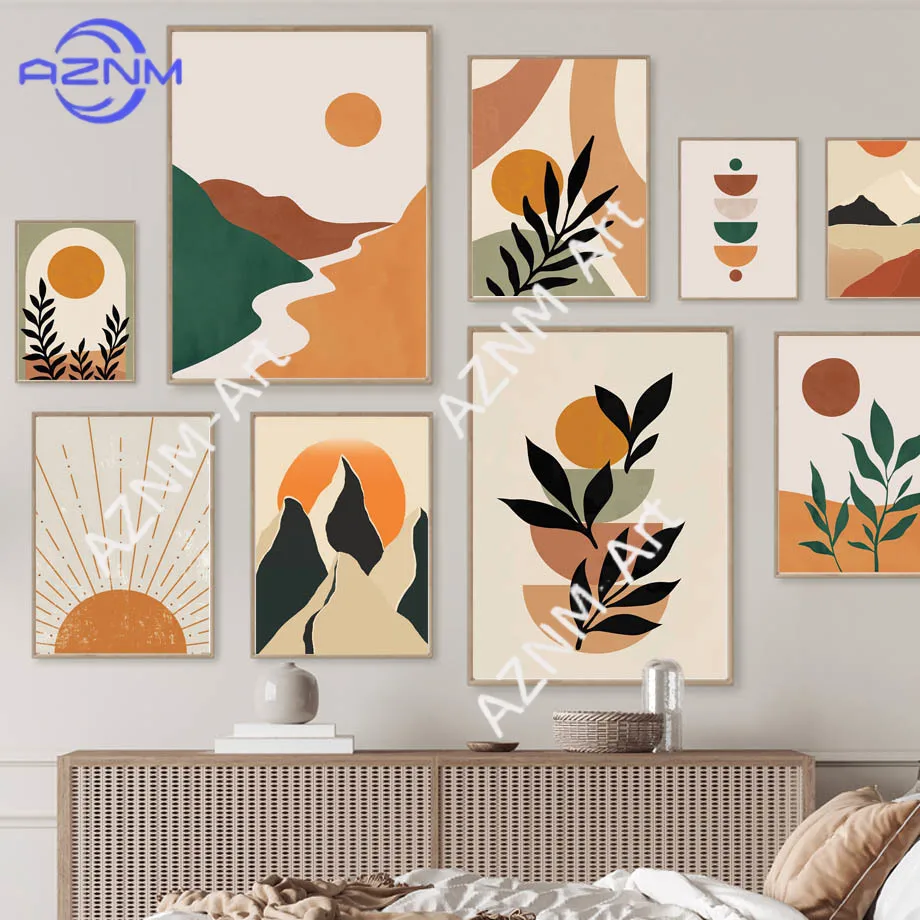 Mountain River Sun Leaves Geometry Lanscape Wall Art Canvas Painting Abstract Posters And Prints Pictures Living Room Home Decor