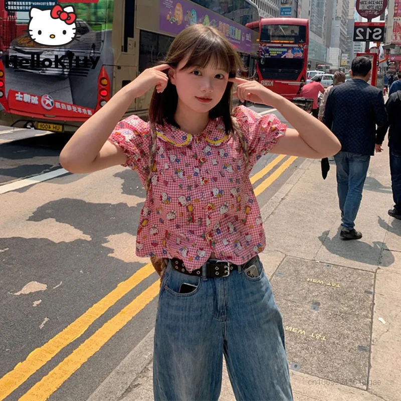 Sanrio Hello Kitty Printed Shirts Summer Kawaii Short Sleeve T-shirt Y2k Cartoon Japanese Style Short Tops Women Cute Clothes