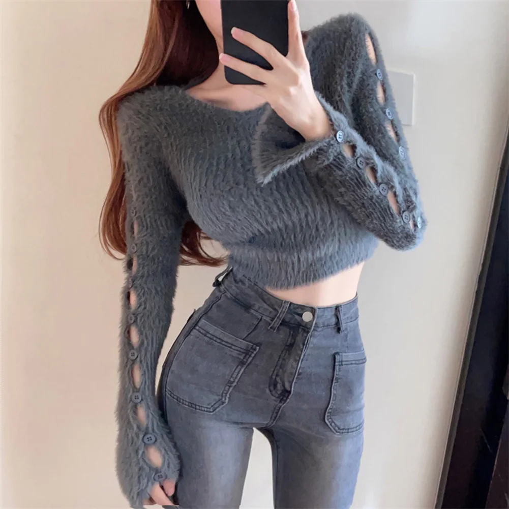 

Long Sleeve Sweater Hollow Crop Top Casual Wear Trendy Women Fashion Top Autumn Fashion Regular Clothing Length
