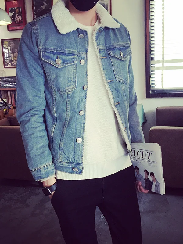 جاكيت دنيم مبطن بالصوف السميك للرجال، معطف قطني سميك بتصميم عتيق مع ياقة فرو، ملابس علوية عصرية للشباب