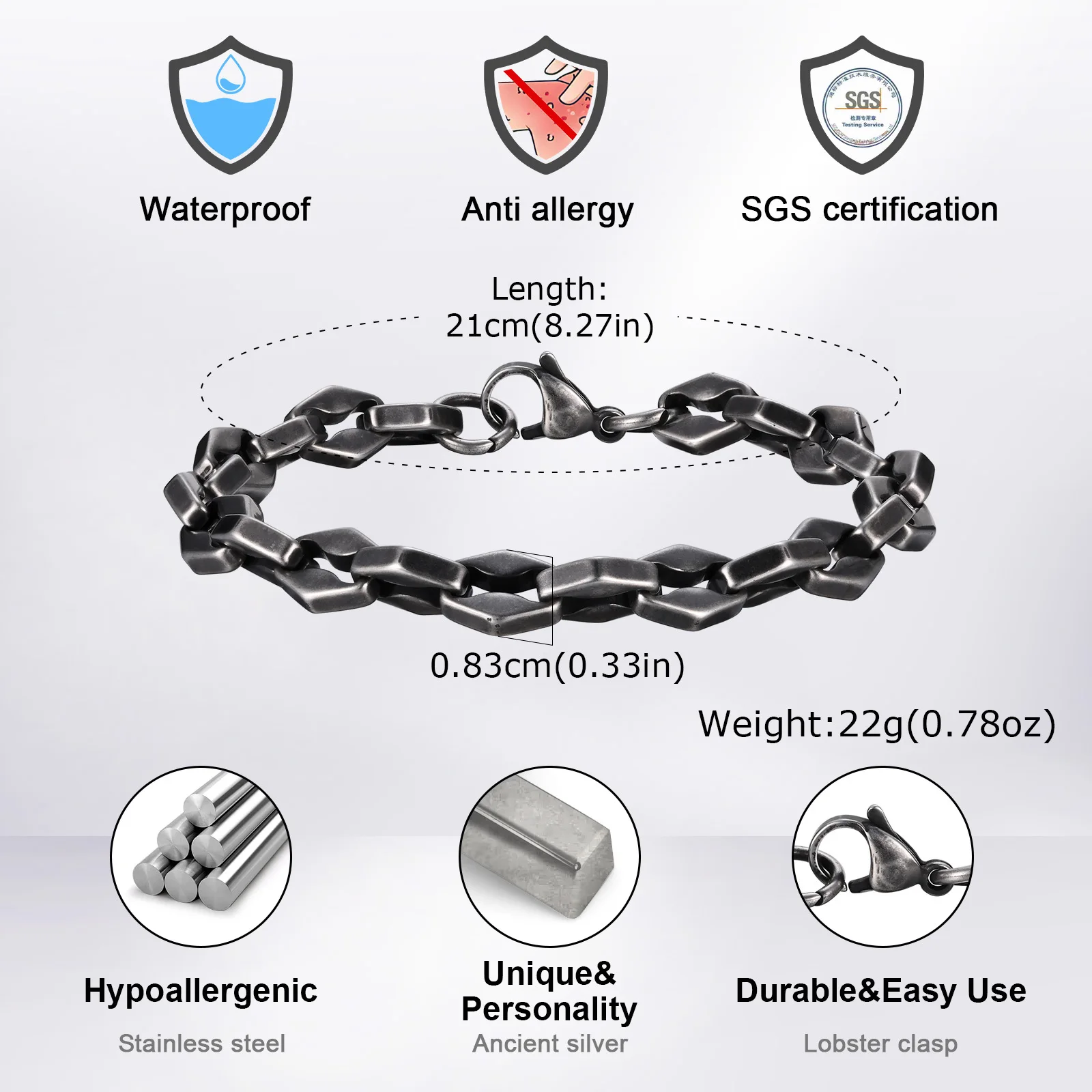 Vnox Chunky Handmade Link Chain Bracelets for Men, Rhombus Links Wristband, Punk Rock Jewelry Gift