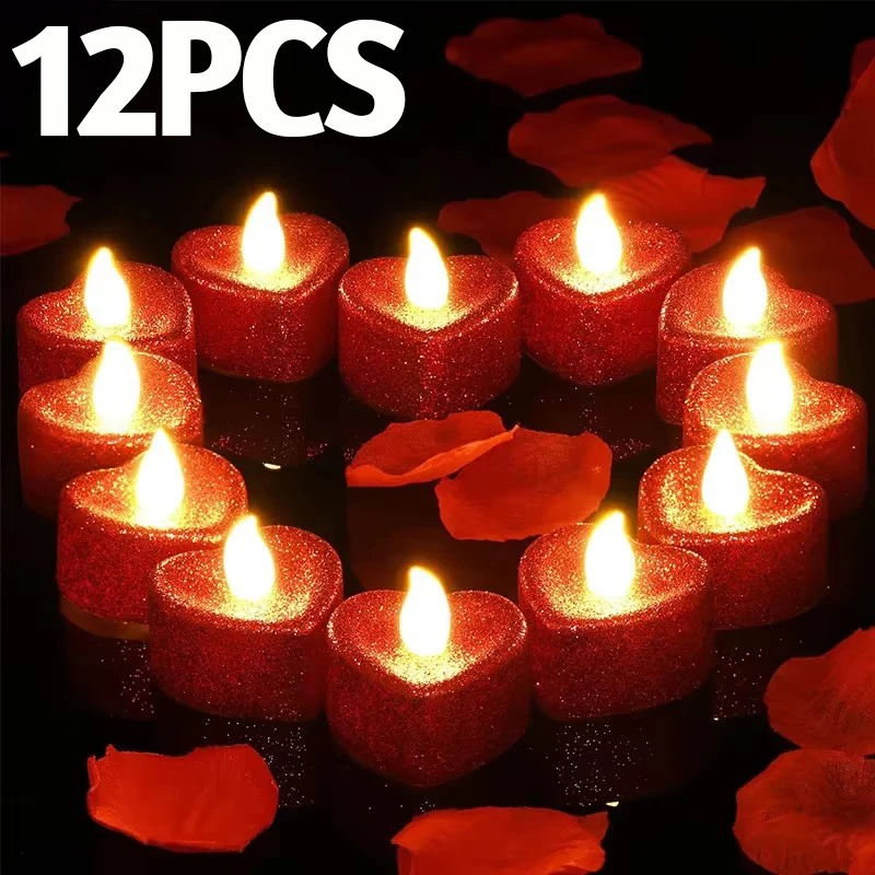 LED Glitter Electronic Candle Light Battery Powered Flameless Heart Shaped Wish Light Romantic Light for Wedding Valentine's Day