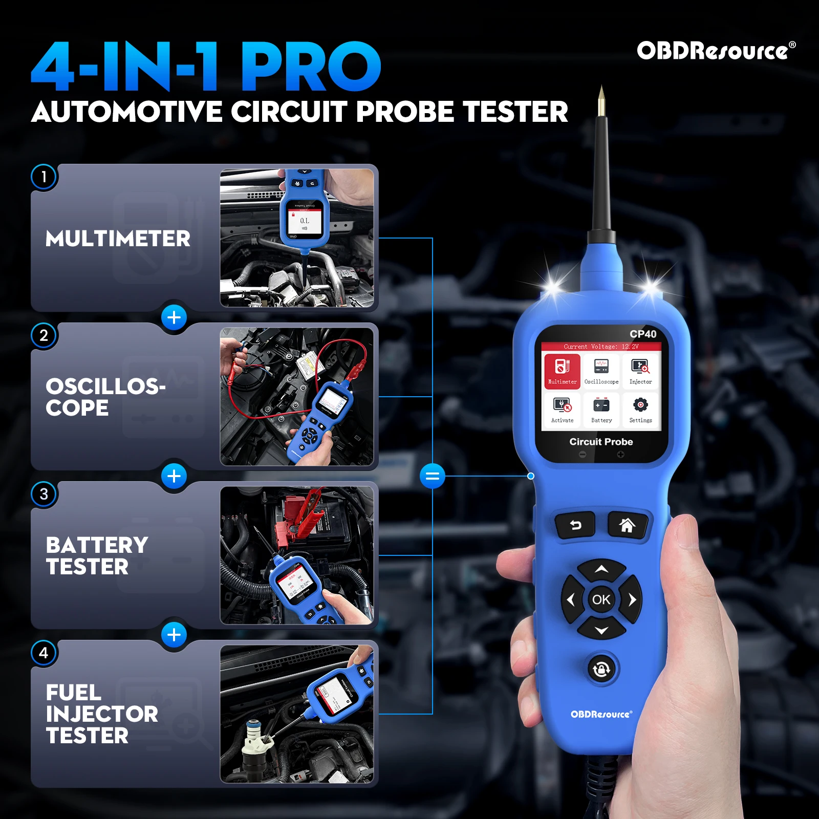 OBDResource CP40 All-in-One Automotive Circuit Probe Tester Kit 12V 24V Batttery Test 0-80V Digital Multimeter Oscilloscope Fuel Injector Tester, Battery Analyzer, Short Circuit Finder & Component Activation