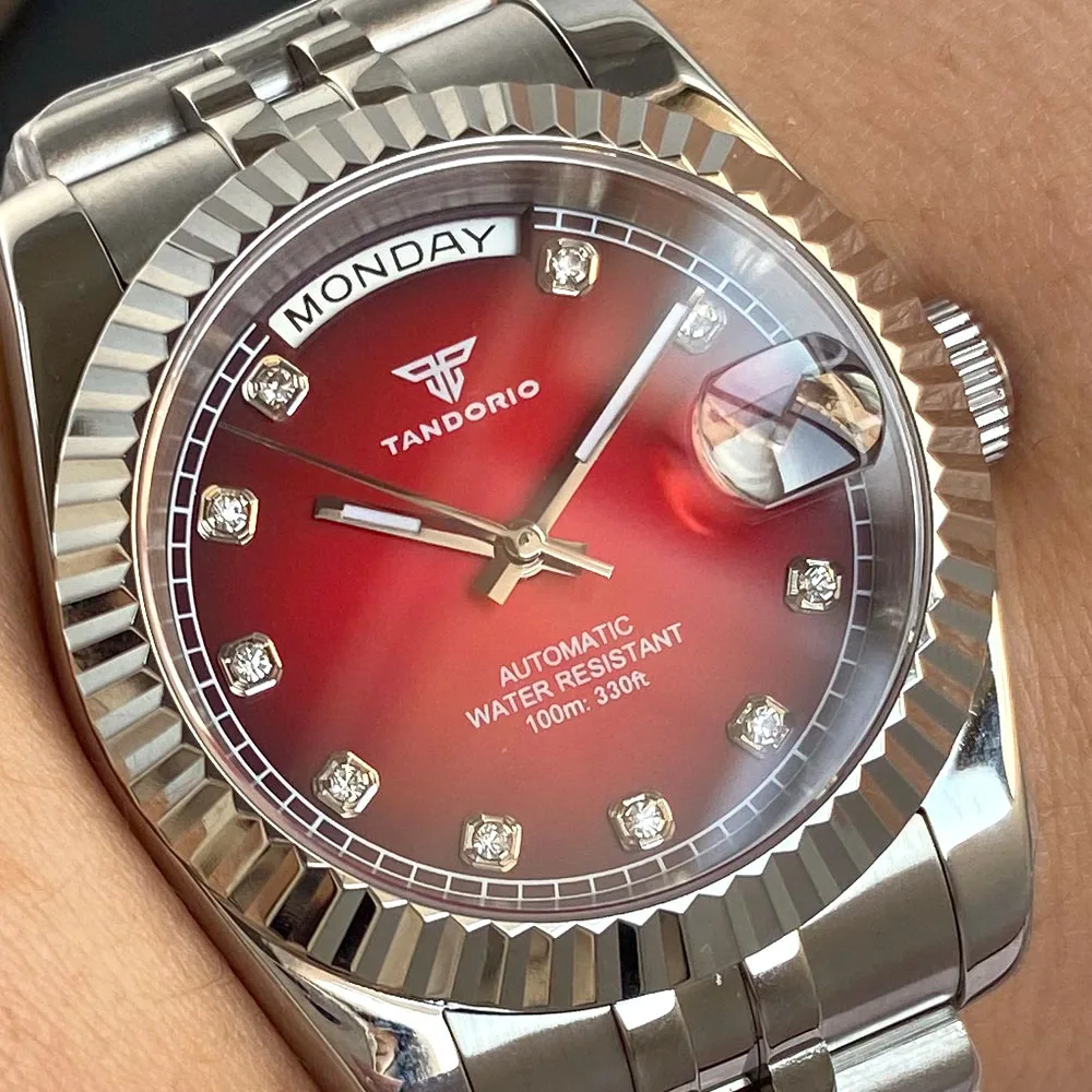 Tandorio 36mm 39mm Sunburst Red Gold Dial Diamond Index Sapphire NH36A 20ATM Diving Automatic Men Watch Stainless Steel Strap