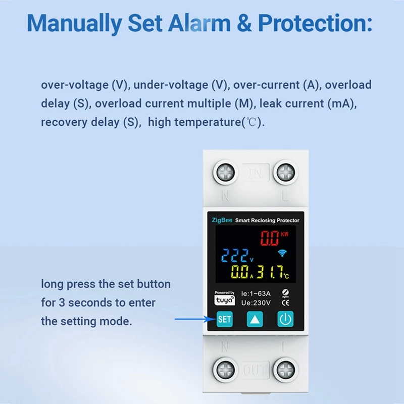 Zigbee TUYA Smart Life 2P/63A Circuit Breaker Earth Leakage Over Under Voltage Protection Protector Relay Energy Meter