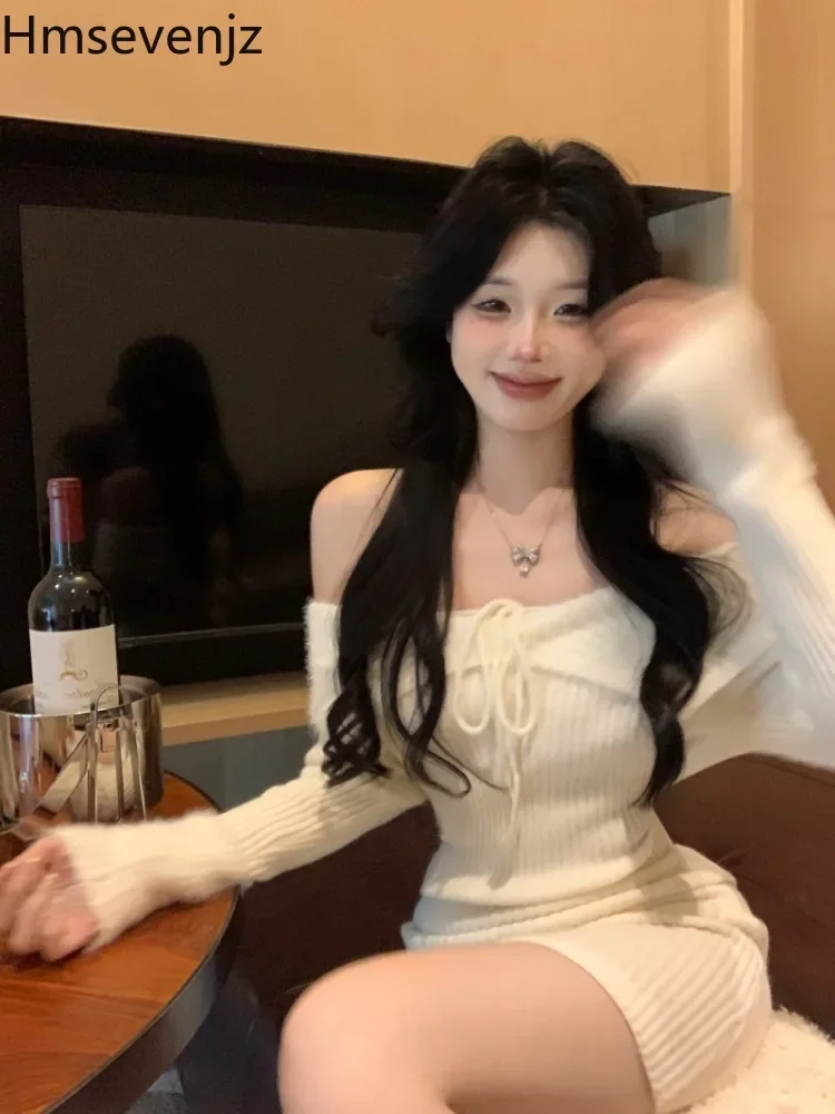 Vestidos de malha de mangas compridas para mulheres, um ombro, laço, sexy, garotas doces, camada interna, quadril wrap, vestido curto fino, primavera