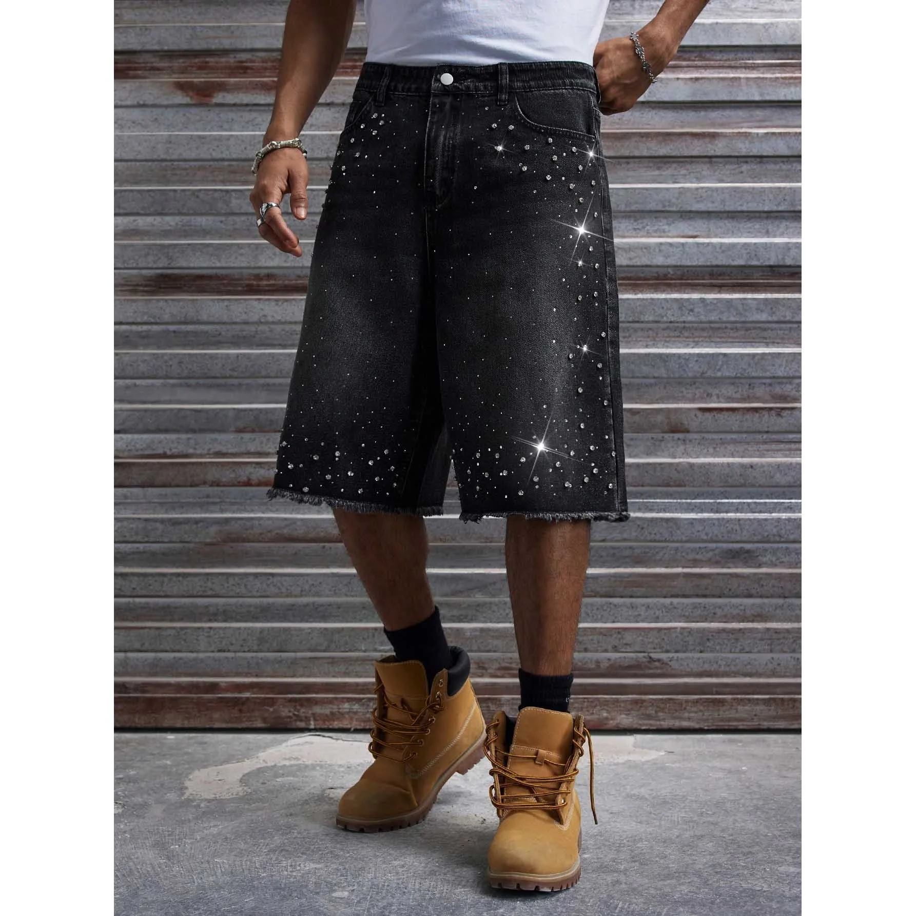 Summer Men's Non Stretch Denim Shorts Hot Drilling Edge