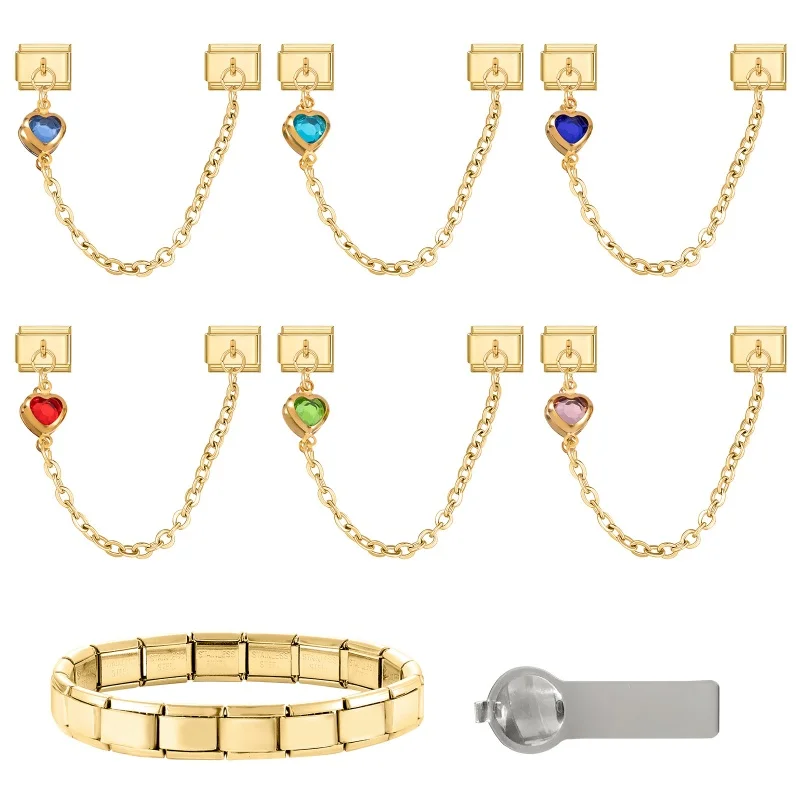 

Y2K Golden Charm Colorful Heart Tassel Chain Italian Charm Links Fit 9MM Stainless Steel Bracelet Women Men DIY Making Jewelry