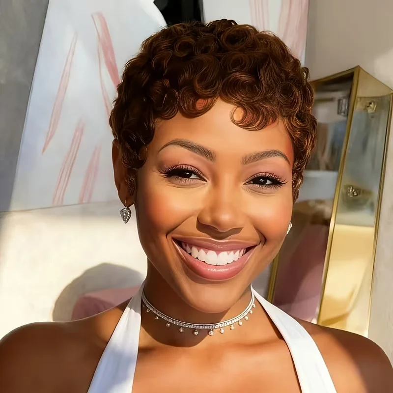 

Парик из человеческих волос с стрижкой пикси, шоколадно-коричневый цвет, машинное производство