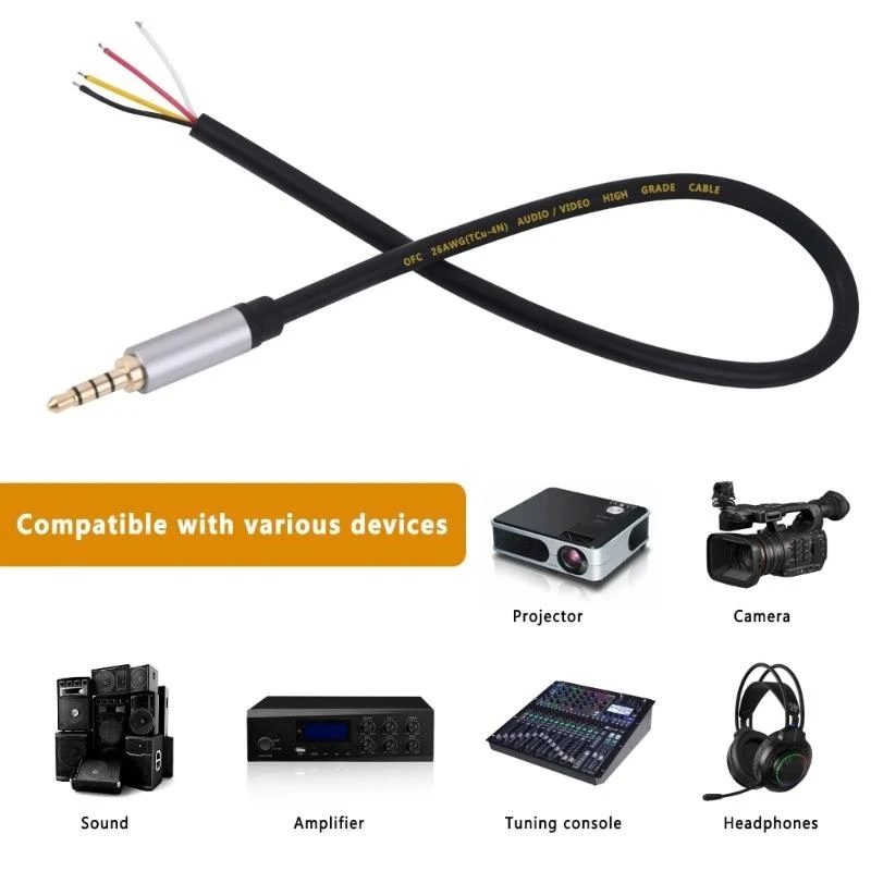 

E8BA 3.5mm Male TRRS 4Pole Plugs to Open End Bare Wire Cable Stereo Audios Wire for Headphone Speaker Repair 30cm/11.81inch