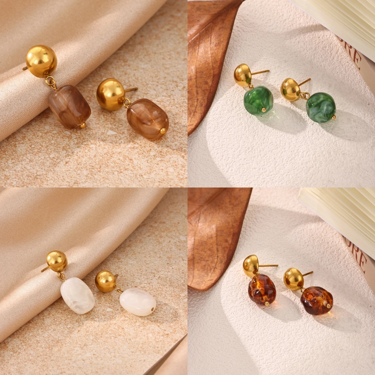 Vintage Goldfarbene Edelstahl-Ohrhänger für Damen, Bernstein-Harz Geometrische Stein-Ohrstecker, Trendiger Party-Schmuck – Detail 17