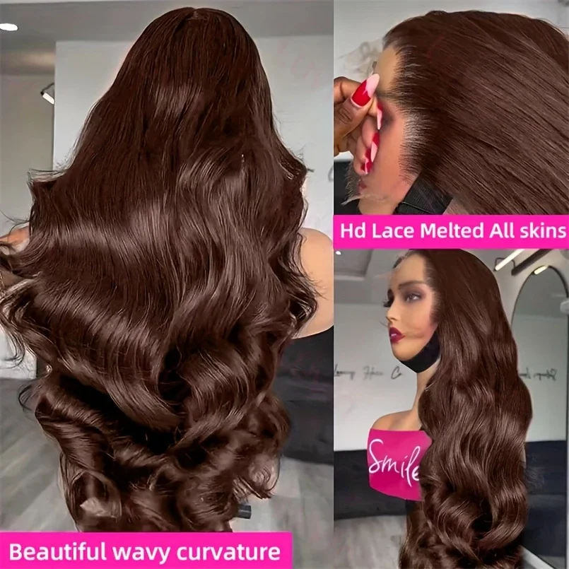 44 46 นิ้วช็อกโกแลตสีน้ําตาล Body Wave วิกผมลูกไม้ด้านหน้า 13x4 13x6 HD ลูกไม้โปร่งใสผมมนุษย์ความหนาแน่น 200% สําหรับผู้หญิง