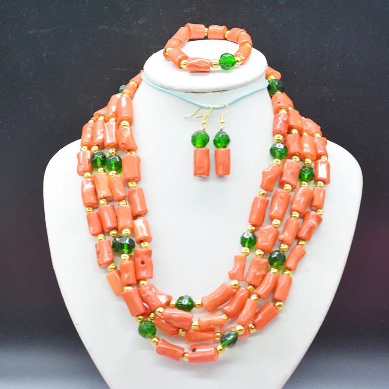 

Unique. classic. 4 Strand natural orange coral necklace. Earrings. Bracelet. Beautiful Bride Wedding Necklace 22”