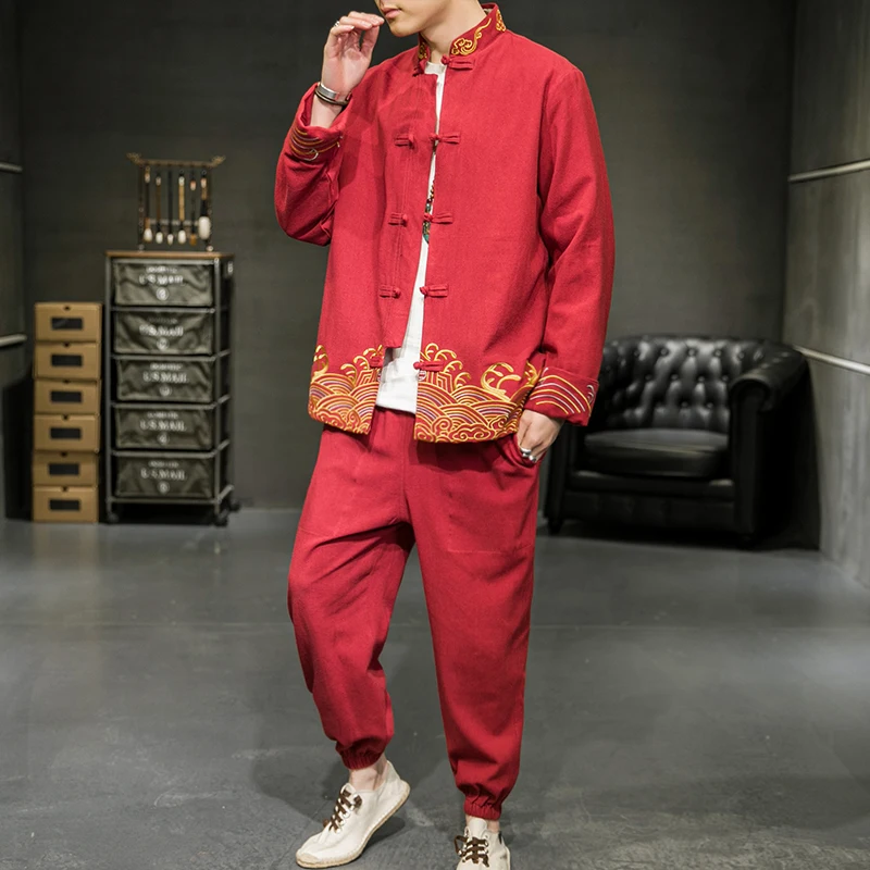 

Spring Autumn Men's Tang Suit Jaet Loose Fit Embroidered Cotton Linen Stand Collar Zhongan Coat Hanfu Traditional Chinese...