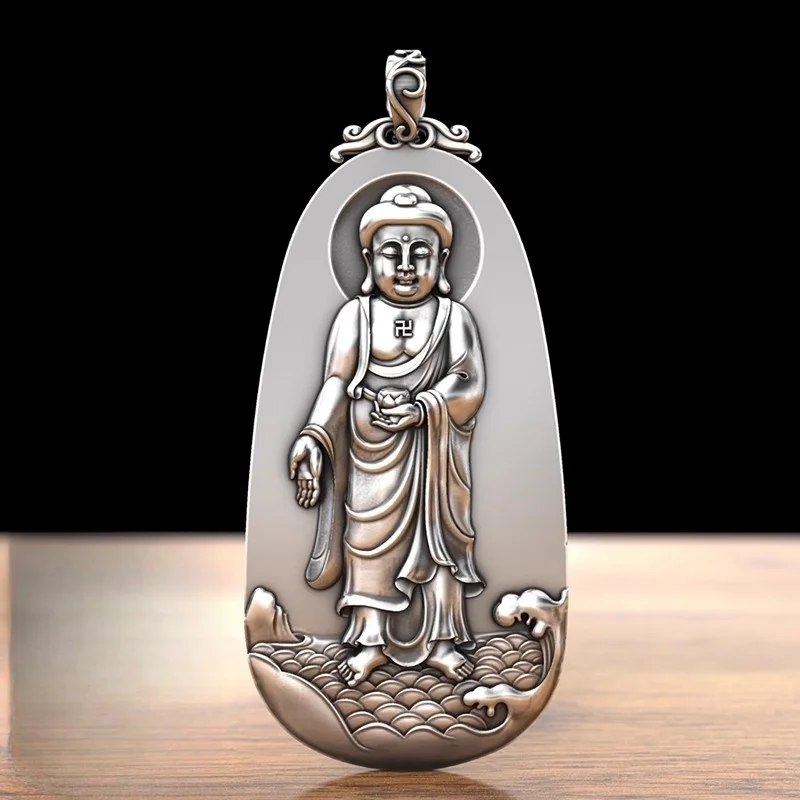 BOCAI S999 Sterling Silver Pendants for Women Men New Fashion Emboss Tathagata Buddha Statue Amulet Jewelry Wholesale