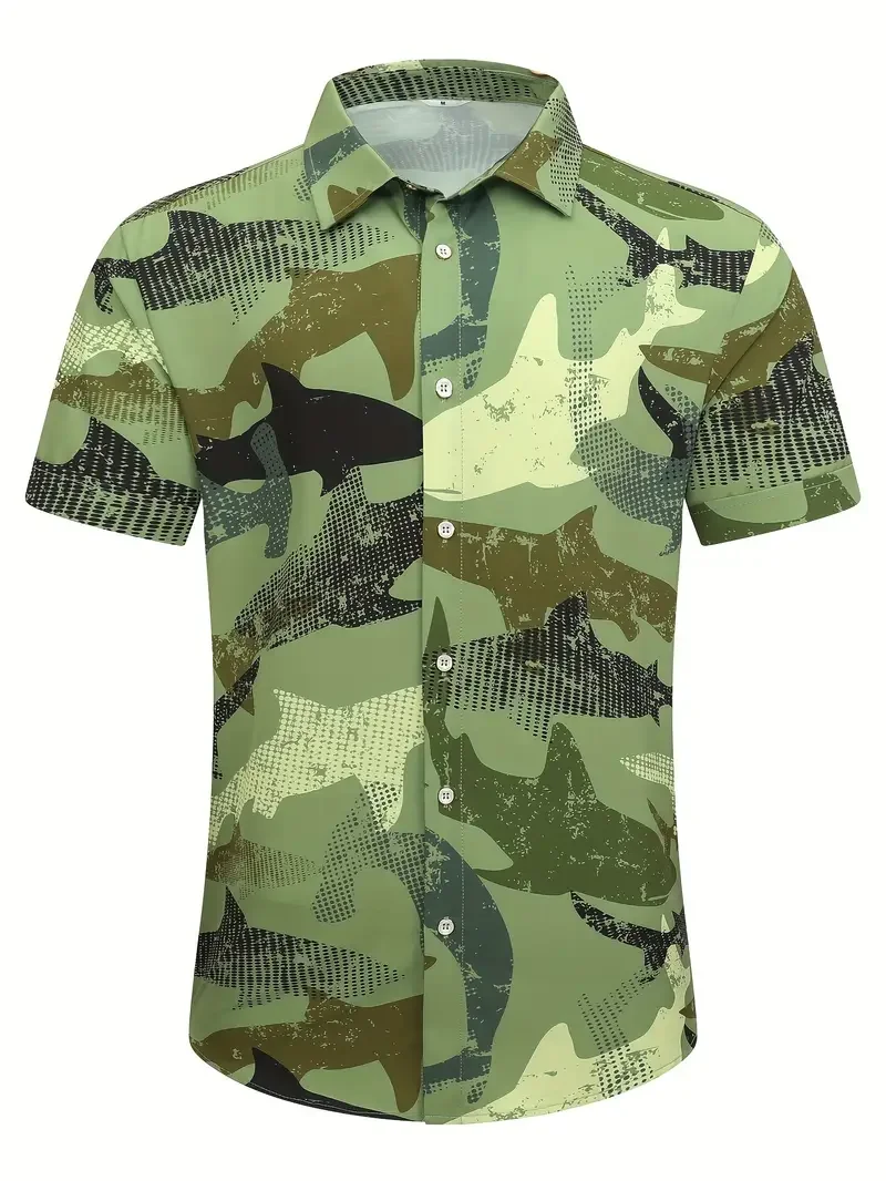 Men's Summer Hawaiian Shirt Pattern Shirt Outdoor Casual Short Sleeved Shark 3D Printed Button Clothing Comfortable Breathable