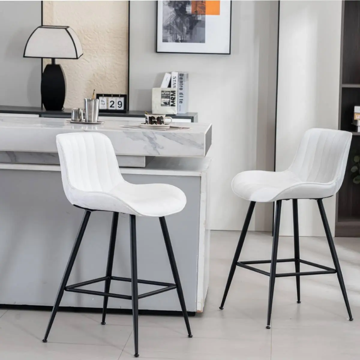 

Set of 2 Modern White Bar Stools with Fabric Upholstery, Low Back Design for Kitchen, Bar, or Cafe