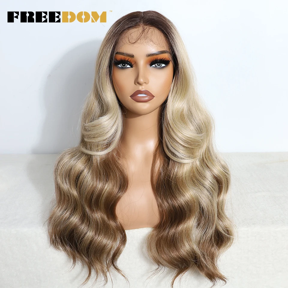 FREEDOM Cosplay Lace Wig Synthetic Lace Front Wigs For Women 22 inch Body Wave Ombre Brown Blonde Wine Red Wig Cosplay White Wig