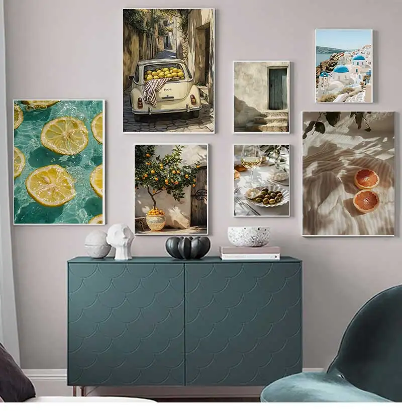 Italian Lemon Orange Olive Tree Retro Mediterranean Greece Landscape Poster Canvas Painting Wall Art Pictures Home Decoration