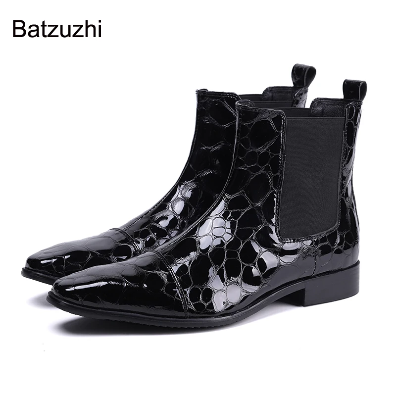 

Batzuzhi Luxury Black Patent Leather Short Boots Men Slip on Pointed Toe Korean Style Fashion Men's Boots Botas Hombre, EU38-46