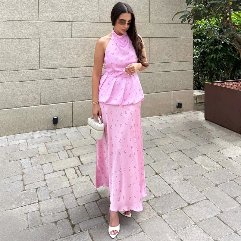 

Tornova Flowers Printed Vest Skirt Suit Women's Backless Halter Top Satin High Waist Long Skirt Elegant Office Lady Dress Sets