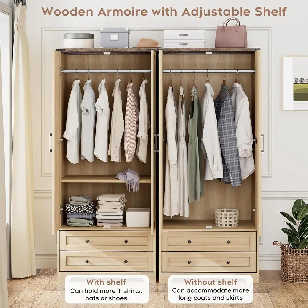 Komorebi Natural Wood Two-Drawer Armoire Closet Storage Drawers Close Up