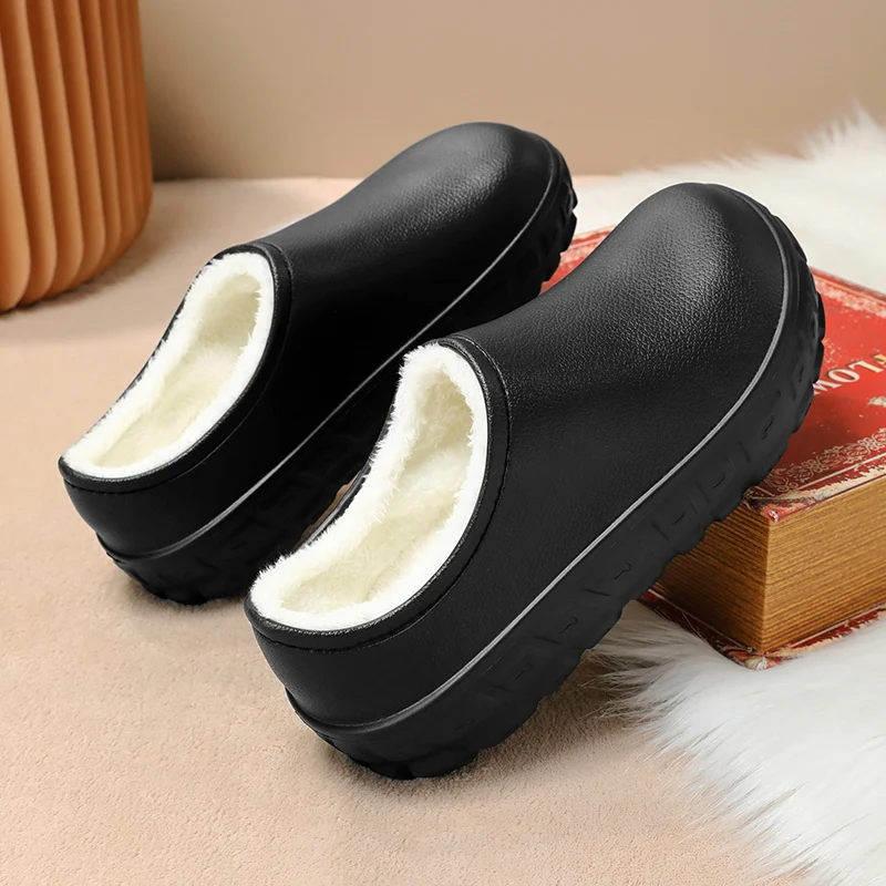 Covered Heel Cotton Slippers for Men in Winter Fleece-Lined and Thickeneding to Heattech at Home Northeastern Cotton Shoes Outdoor Non-Slip Waterproof Couple Slippers