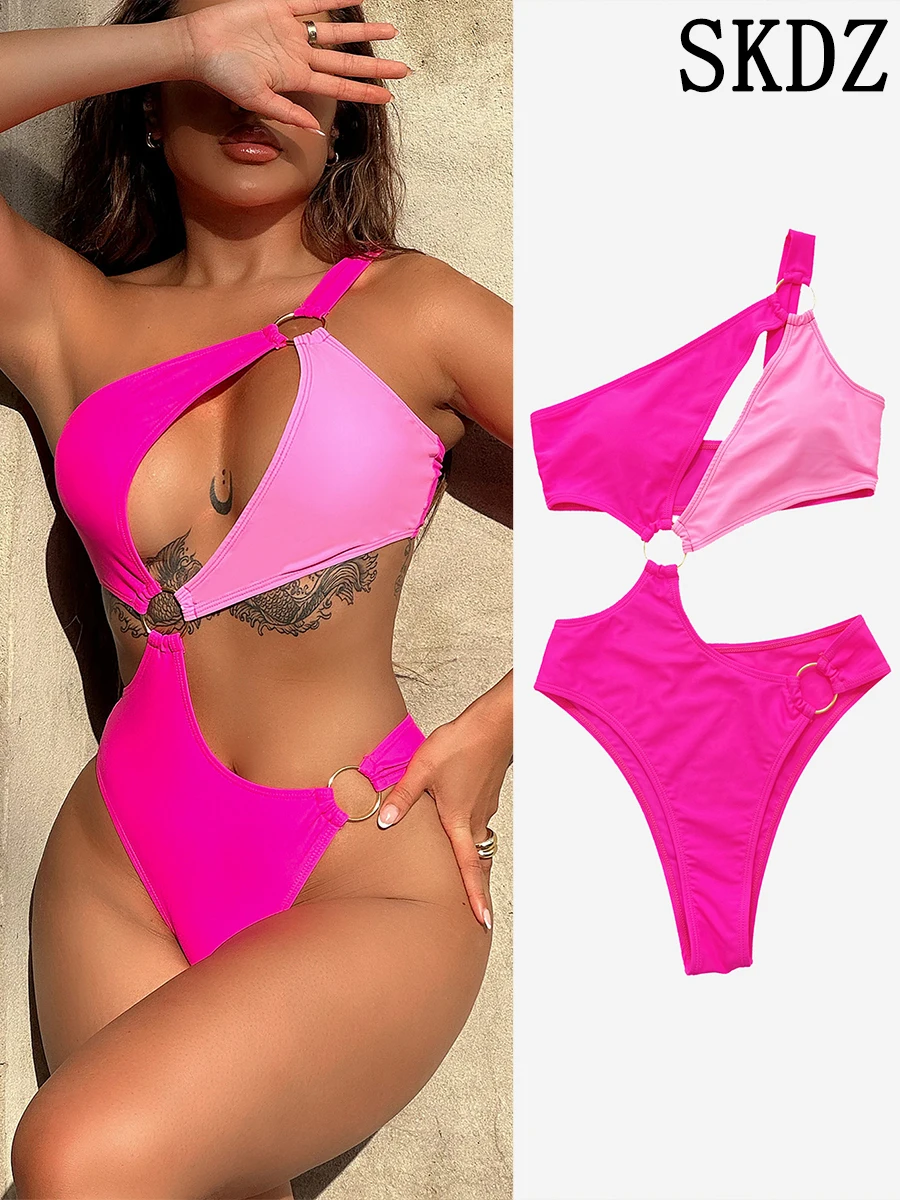 Color Blocking Sexy One Shoulder Strap One-Piece Swimsuit 2023 Summer New Backless Ring Hollow Slim Bikini Women's Swimwear