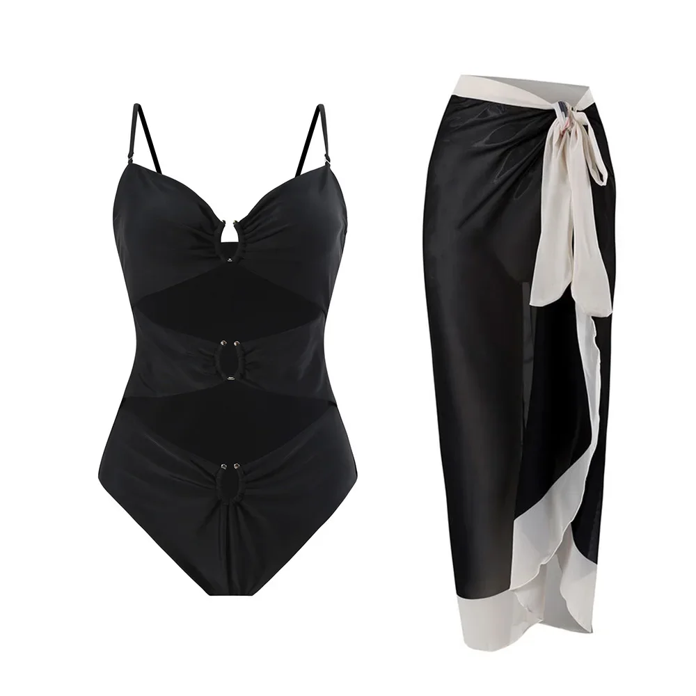 2025 Sexy One Piece Swimsuit Women Hollow Out Bathing Suit with Long Skirt Femme Beach Monokini Female Brazilian Swimming Suits