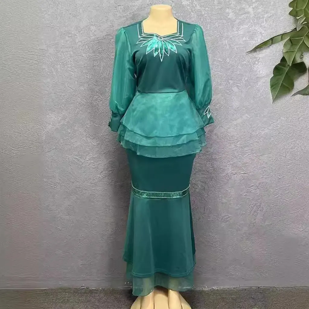 

African Women's Lotus Leaf Organza Top with Bubble Sleeves And Overskirt Embroidered Sequins Specials Fashion Set
