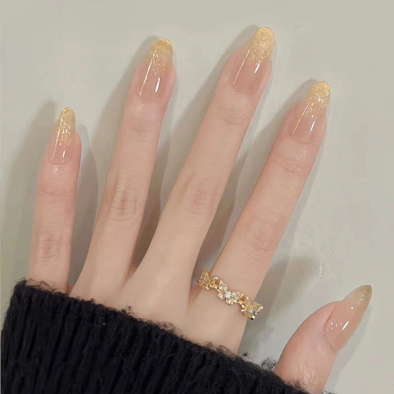 24 pçs ouro em pó explosão flash imprensa no prego estilo francês unhas falsas artificiais sem costura removível unhas falsas