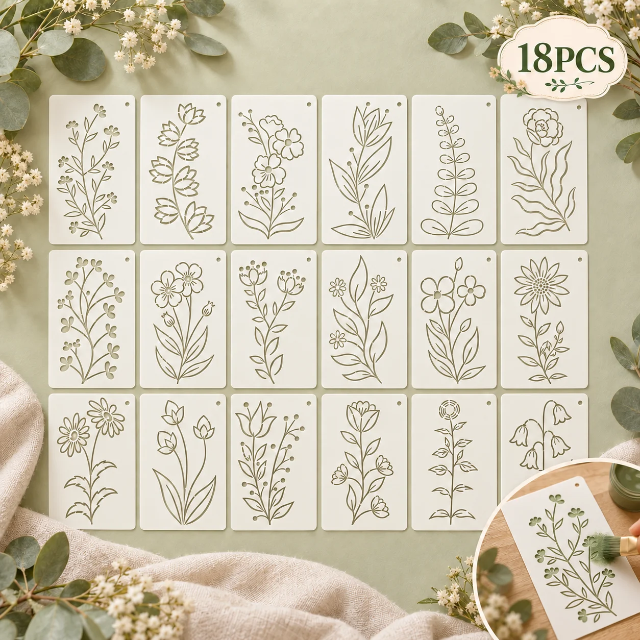 18Pcs Flower Stencils Reusable PET Stencils for Painting Botanical Floral Pattern Craft Templates Wall Wood Fabric Home Decor