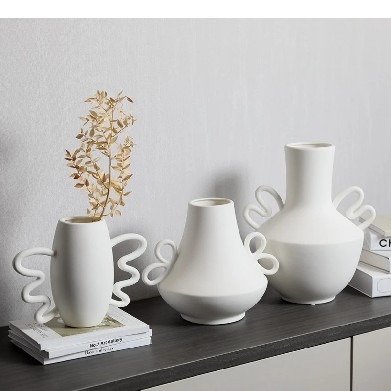 Ceramic Vase Geometry Wavy Handle White Flower Floral Arrangement Accessories Terrarium Home Decoration