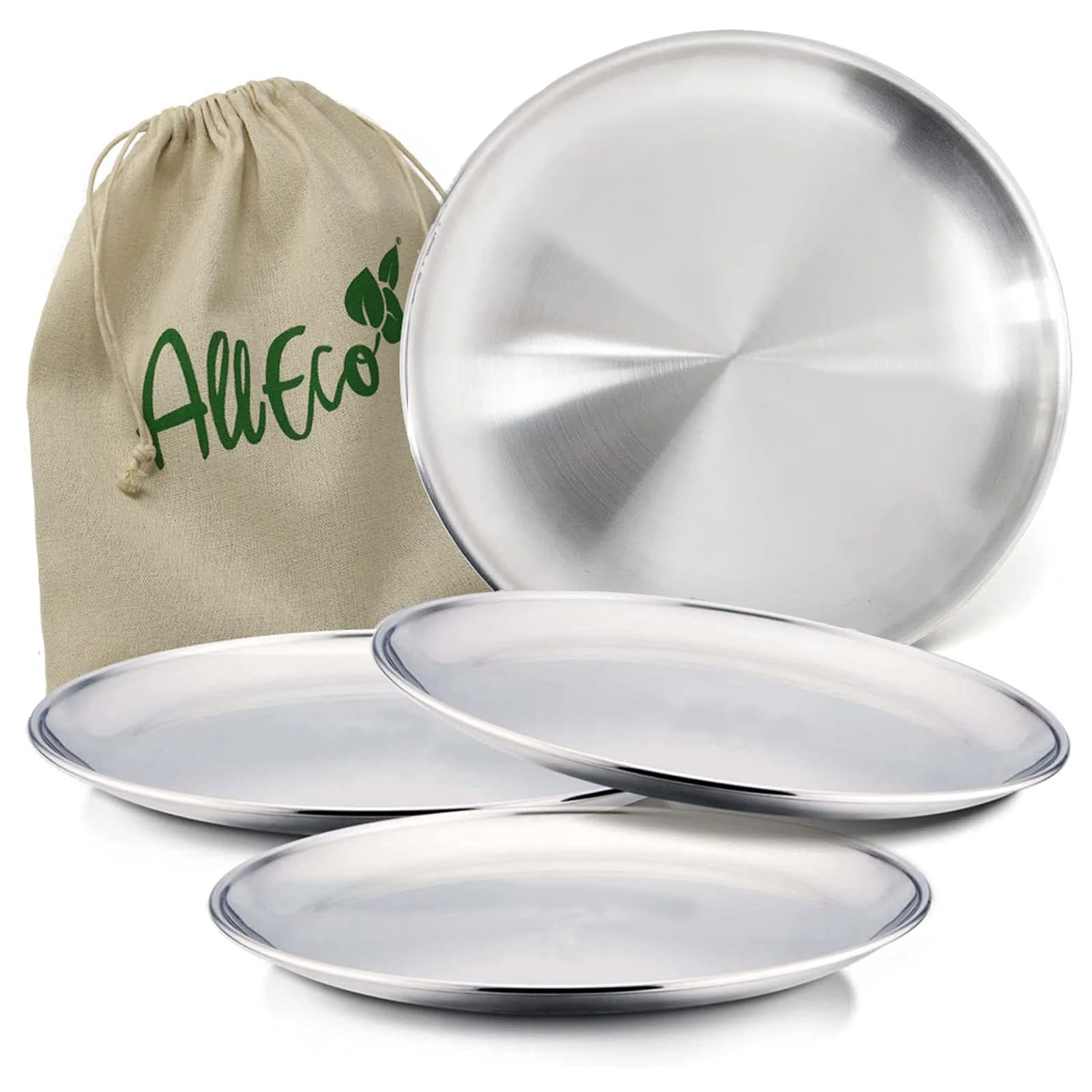 20cm Round Metal Dish Camping Stainless Steel 304 Serving Dinner Plates 4 Pack with alleco cotton bag for BBQ, Snack, Salad