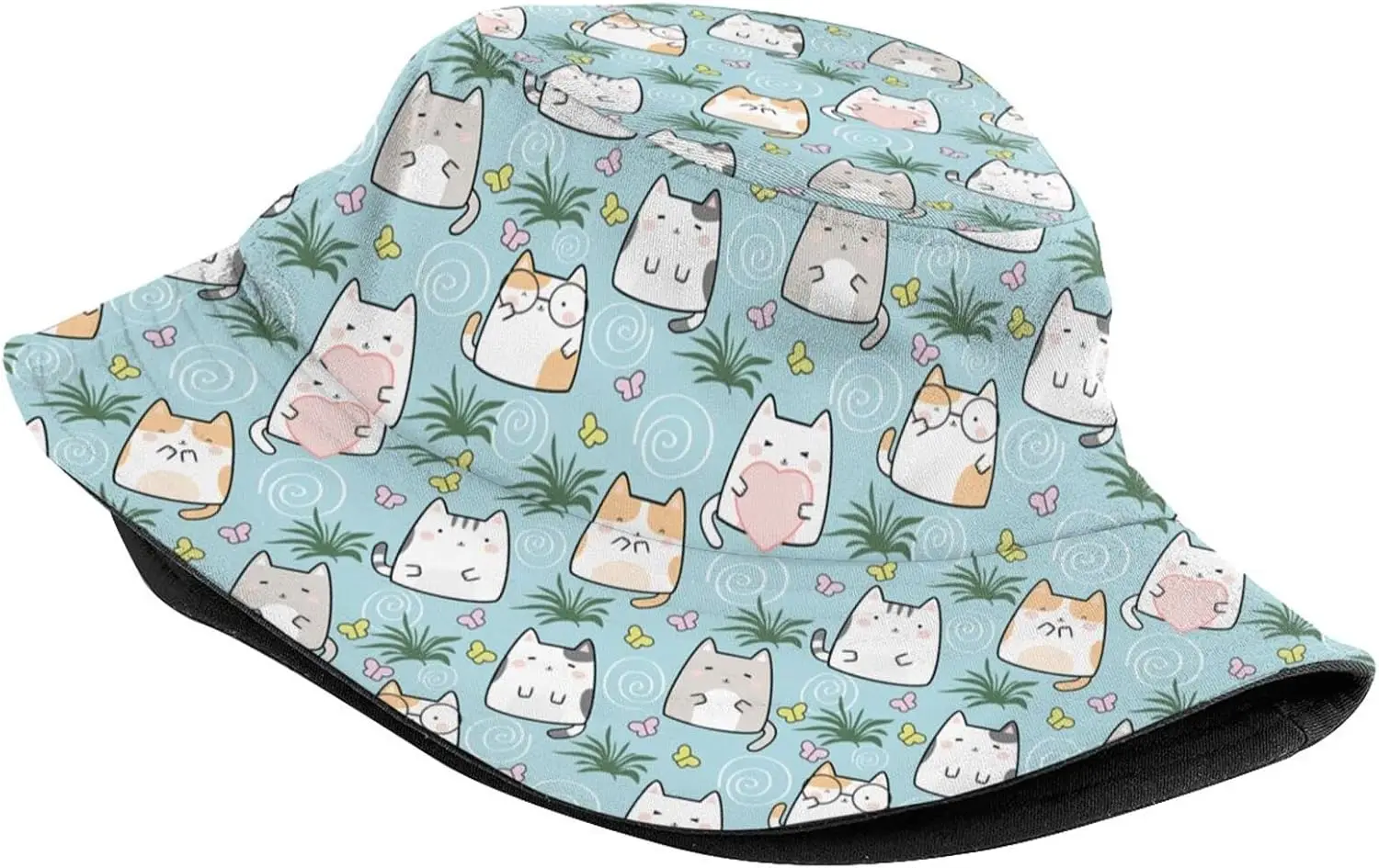 Cartoon Cat Bucket Hats Funny Animal Cat Hat Sun Cap Packable Outdoor Travel Beach Fisherman Hat for Women Men