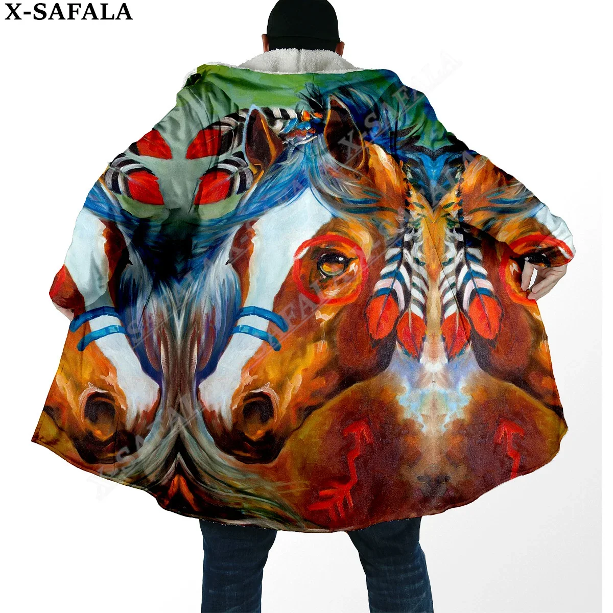 Native Dream Catcher Horse Feather 3D Print Dream Cloak Thick Warm Hooded Men Overcoat Coat Windproof Fleece Cape Robe Blanket-1