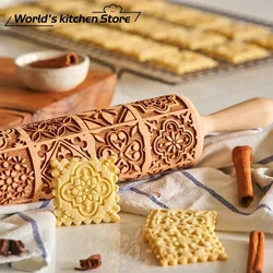 Christmas Rolling Pins Rock Snowflake Elk Wooden Rolling Embossing Baking Cookies Biscuit Fondant Cake Patterned Roller 35*5cm