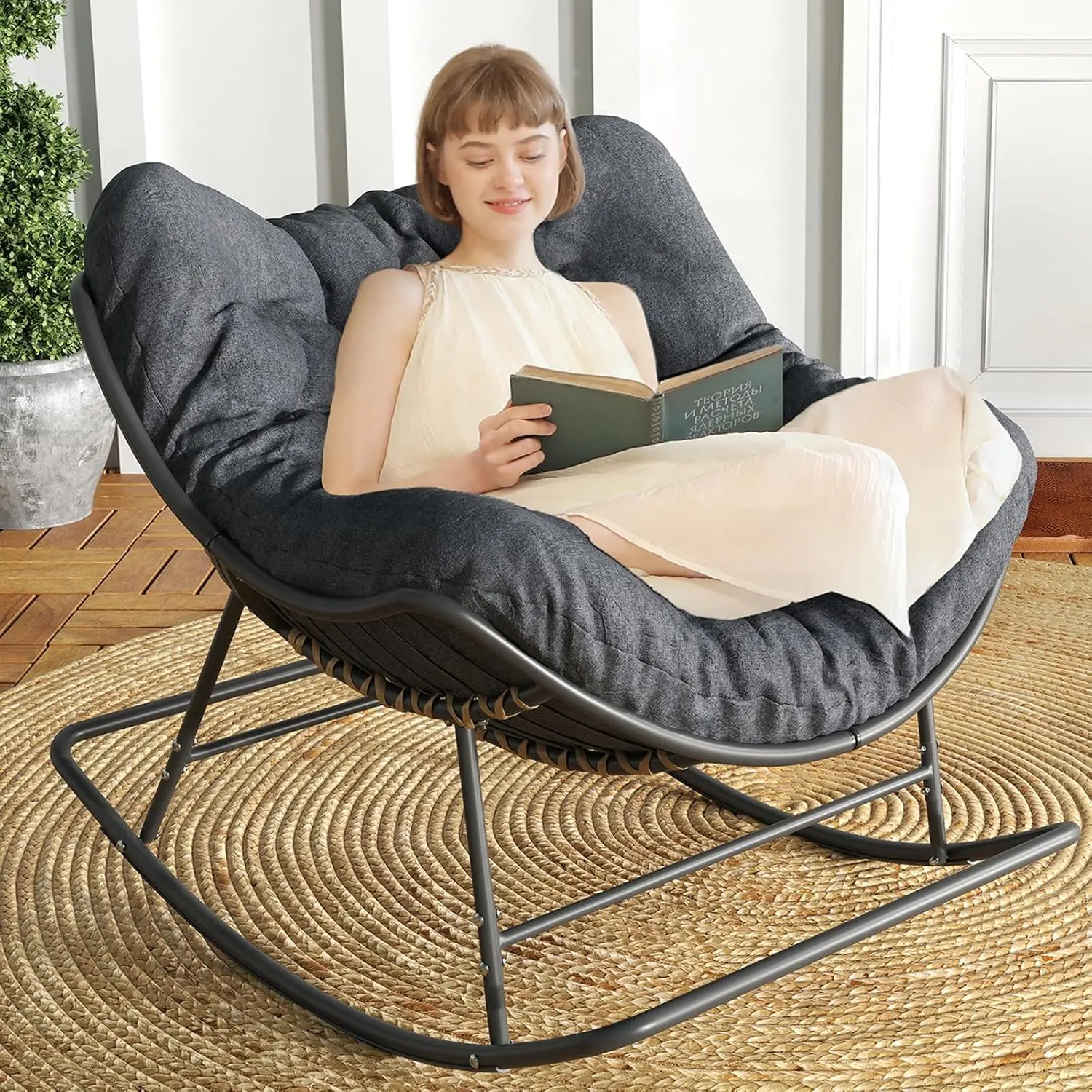 

Papasan Rocking Chair, Outdoor Rocking Chair with Cushion, Oversized Rocker Egg Patio Lounge Chairs Indoor - Dark Grey