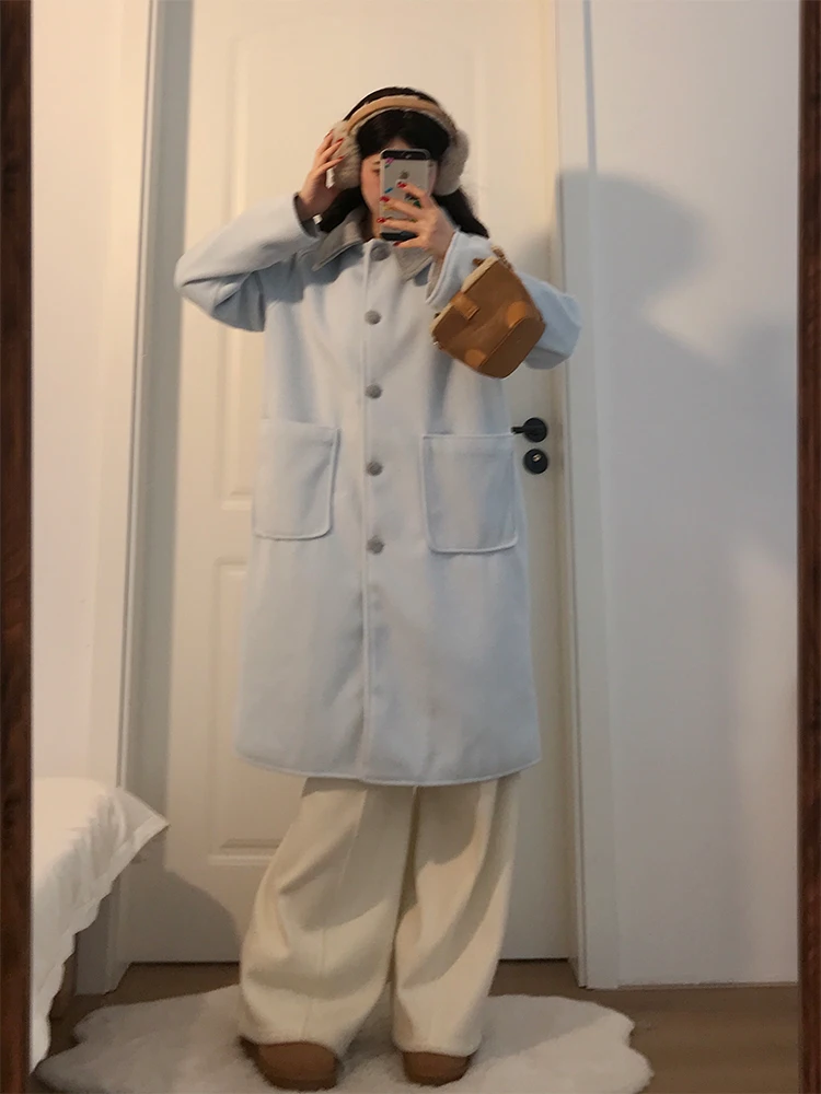 

Korean Sle Long Blue Woolen Coat Women's Winter Loose Slimming Large Coat Warmth Straight Tube pe Polyester Fiber 00%