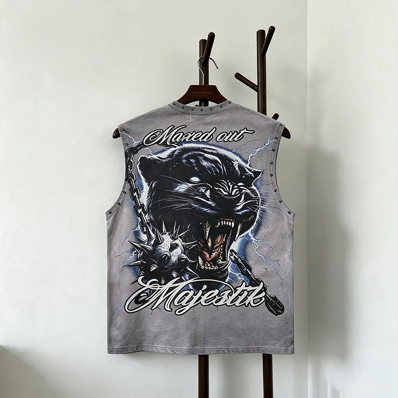 Majestik Tank Top T-Shirt Rhinestone Beast Pattern Vintage Washed Hip Hop Men's T-Shirt