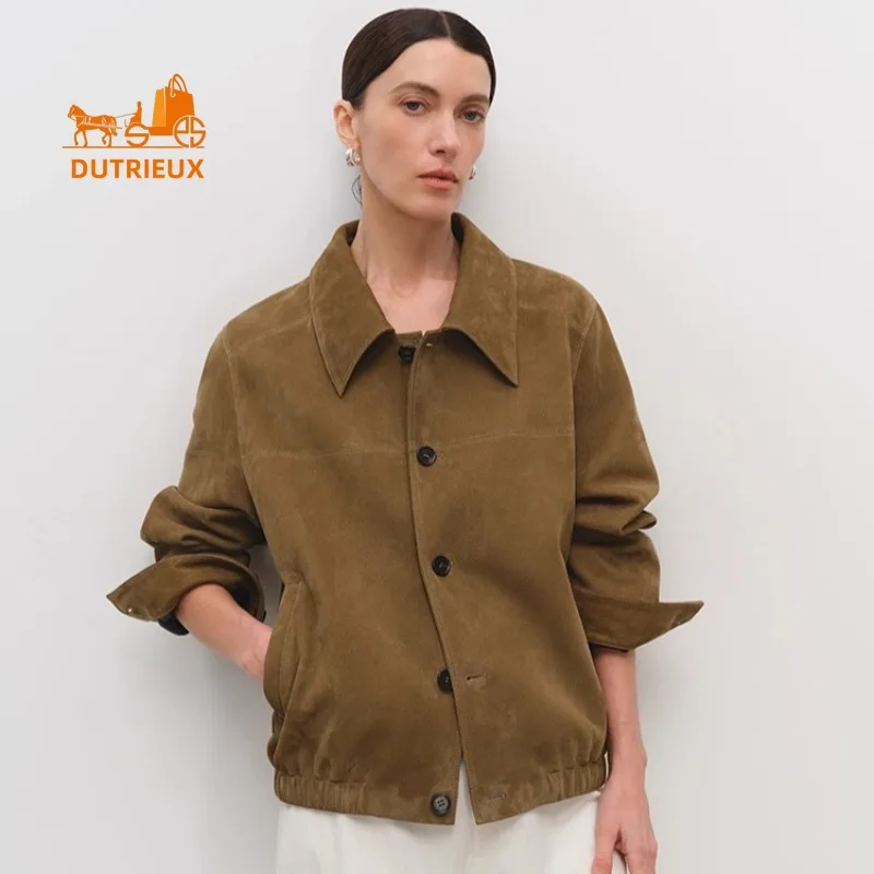 2025 Winter-Damen-Lederjacke mit Revers-Silhouette, 100 % echtes Schaffell, exquisiter, intellektueller und sanfter Echtledermantel