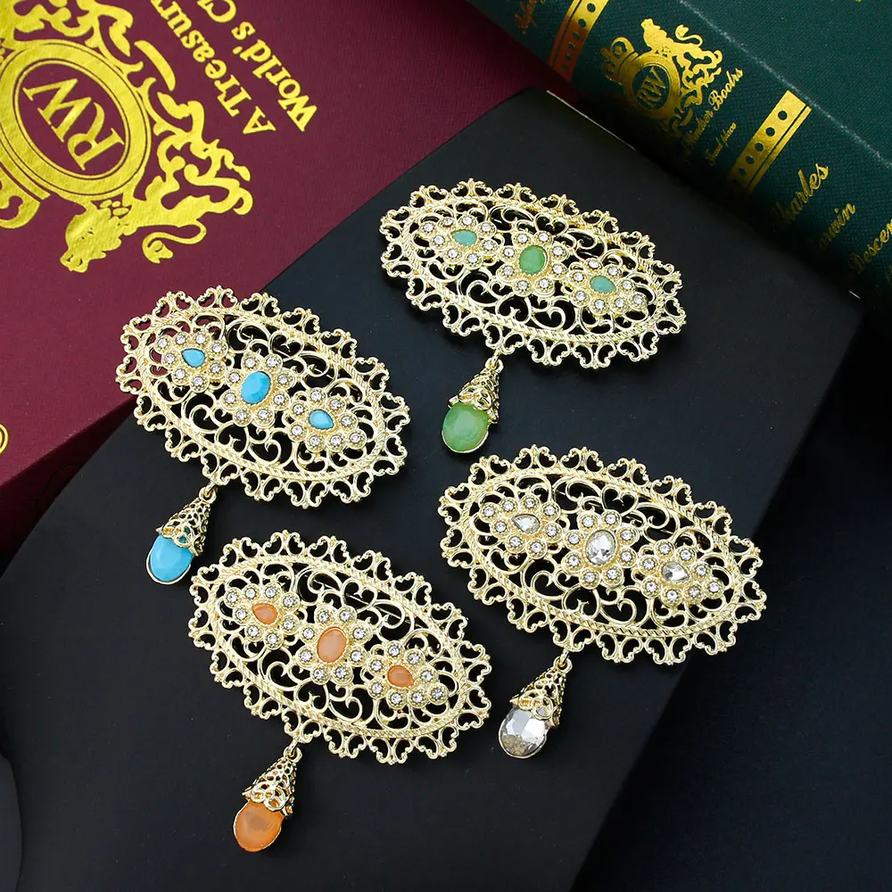 Goldfarbe Blume Marokko Brosche arabische Frauen Anstecknadeln Kaftan Brosche Braut Hochzeit Schmuck Kristall Arabeske Bijoux
