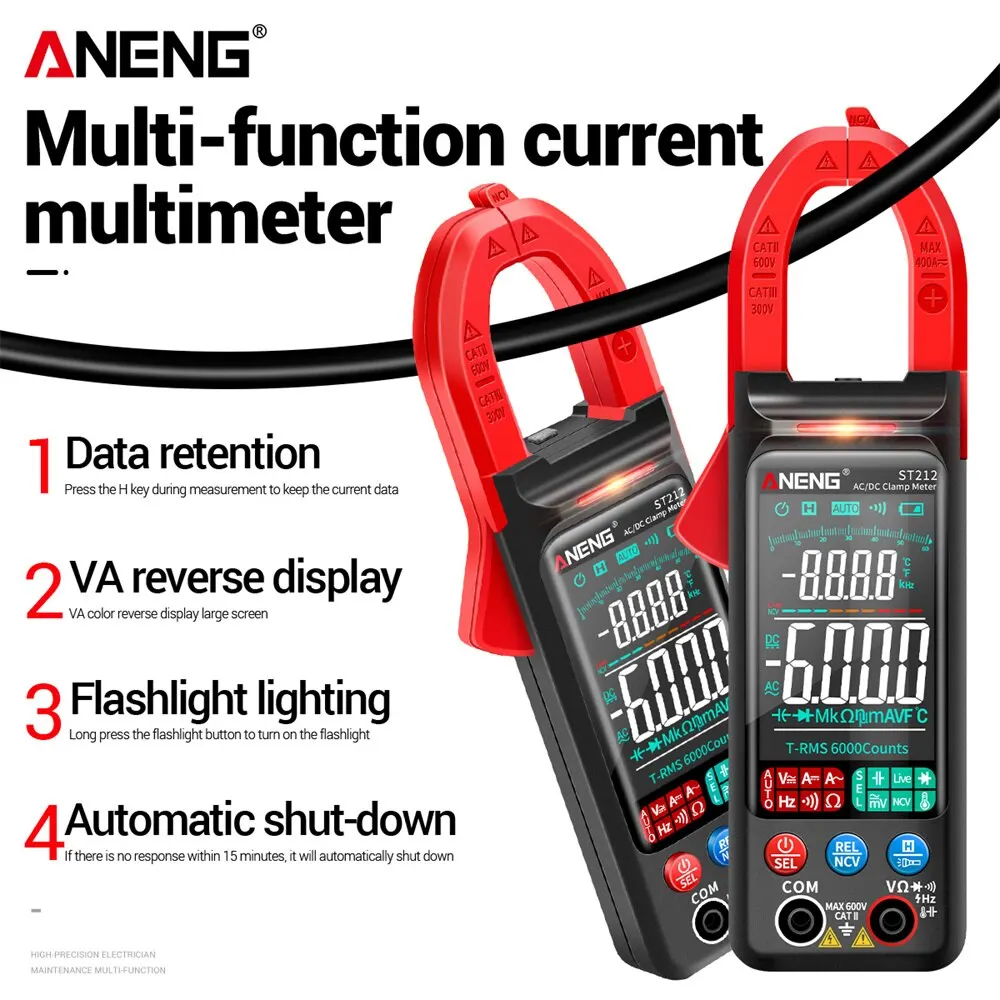 ANENG ST212 6000 Counts Digital Clamp Meter DC/AC Current 400A Amp Multimeter Large Color Screen Voltage Tester Car Hz NCV Ohm