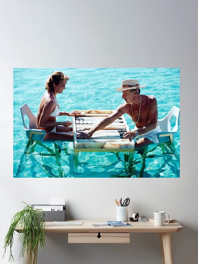 Slim Aarons, Keep Your Cool - Backgammon Players Swimming Pool France, Print Art Canvas Poster, Living Room, Home Wall Decor