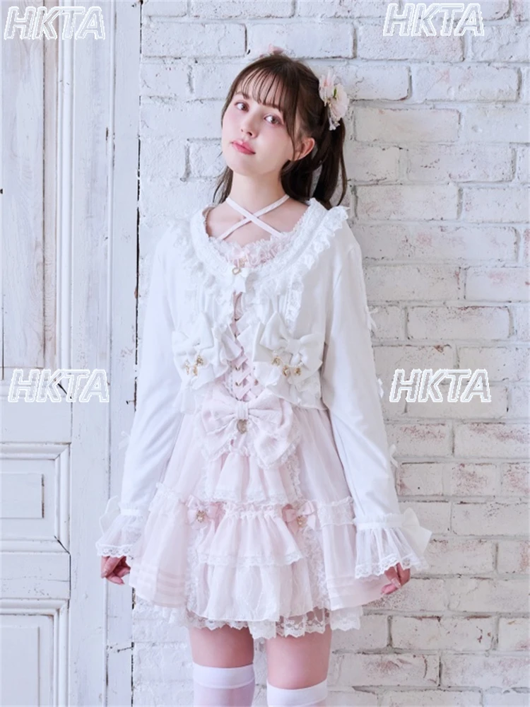 Japanese Sweet Girl Lolita Jacket Lace Bow Heart Shaped Rhinestone Horn Long Sleeve Short Knitted Cardigan Top Black Coat Women